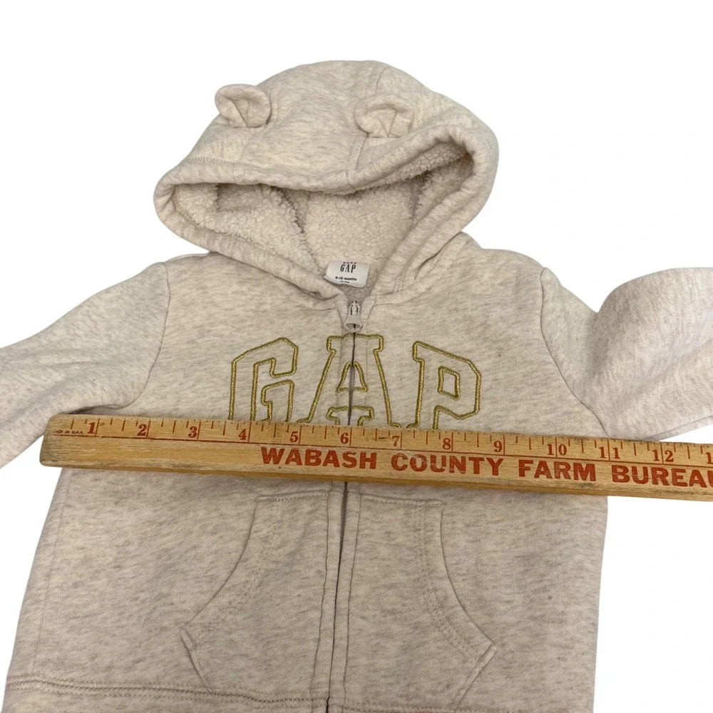 Baby Gap Oatmeal Heather Sherpa Lined Bear Ear Zip Hoodie 6-12 Months Logo
